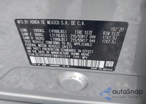 2021 Honda Hr-V Awd Ex из США, поврежденный, VIN 3CZRU6H57MM702344